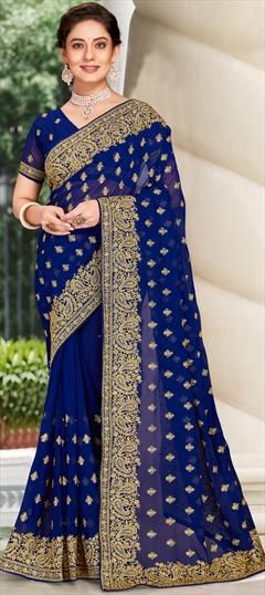 Blue color Saree in Georgette fabric with Embroidered, Stone, Thread, Zari work Blue Color Saree, Festive Saree, Zari Work, Georgette Fabric, Stone Work, Saree Blouse Designs, Indian Beauty Saree, Saree Blouse, Blouse Designs