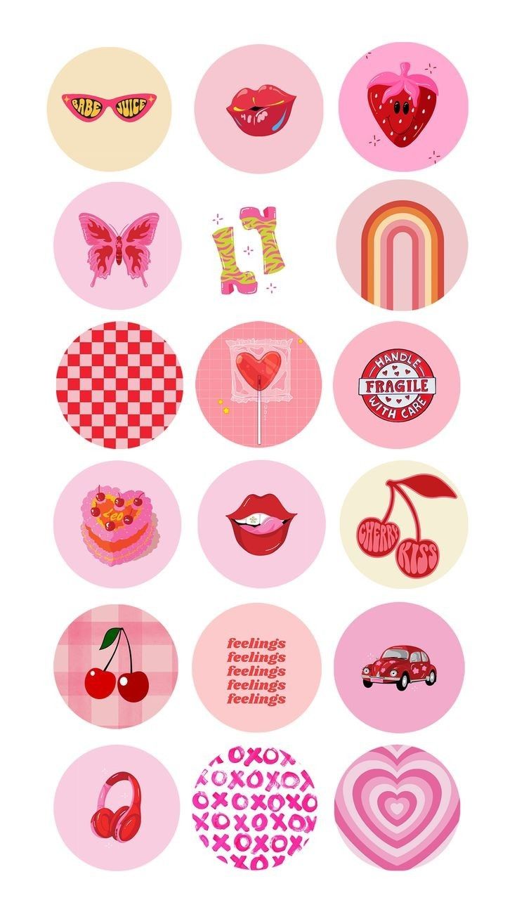 a bunch of different types of stickers on a white surface with pink and red colors