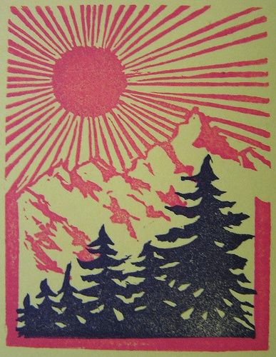 an image of a mountain scene with pine trees and the sun in the sky above it