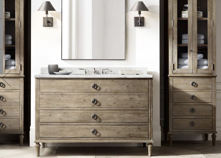 a bathroom vanity with two drawers and a mirror on the wall next to it,