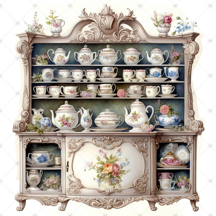 an antique china cabinet with teapots and cups on it's shelves, painted in pastel colors