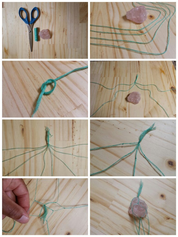 four pictures showing how to make a wire wrapped tree ornament with rocks and scissors