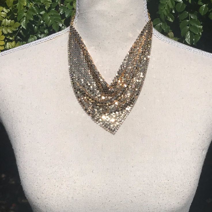 Gold Mesh Statement Necklace 17” Inch With 3” Inch Chain Extender Clear Rhinestones On Edges That Gives It A More “ Bling ! “ This Has The “ 80’s Vibe “ , Vintage Style , And Ready To Wear ! Brand New! Without Tags Gold Sparkling Necklaces For Parties, Gold Necklace 16 Inch For Party, Elegant 16 Inch Party Chain Necklace, Gold Crystal Necklaces For Celebration, Gold Sparkling Choker Jewelry, Sparkling Gold Choker Jewelry, Gold Sparkling Choker, Gold Rhinestone Necklaces For Party, Gold Sparkling Crystal Necklaces