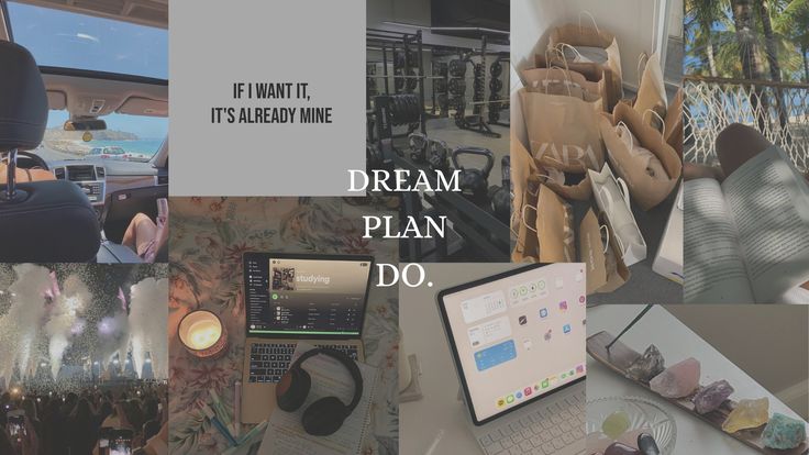 a collage of photos with the words dream plan do on them and various items