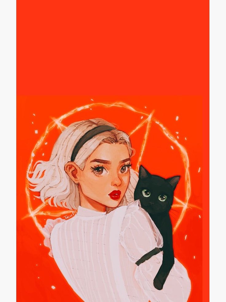 a drawing of a woman holding a black cat in front of an orange background with stars