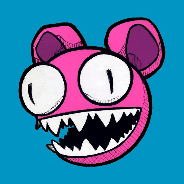 a drawing of a pink monster with big teeth