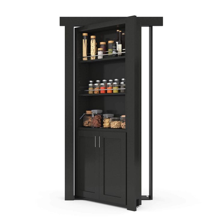 an open pantry cabinet with spices and condiments on the shelves, isolated against a white background