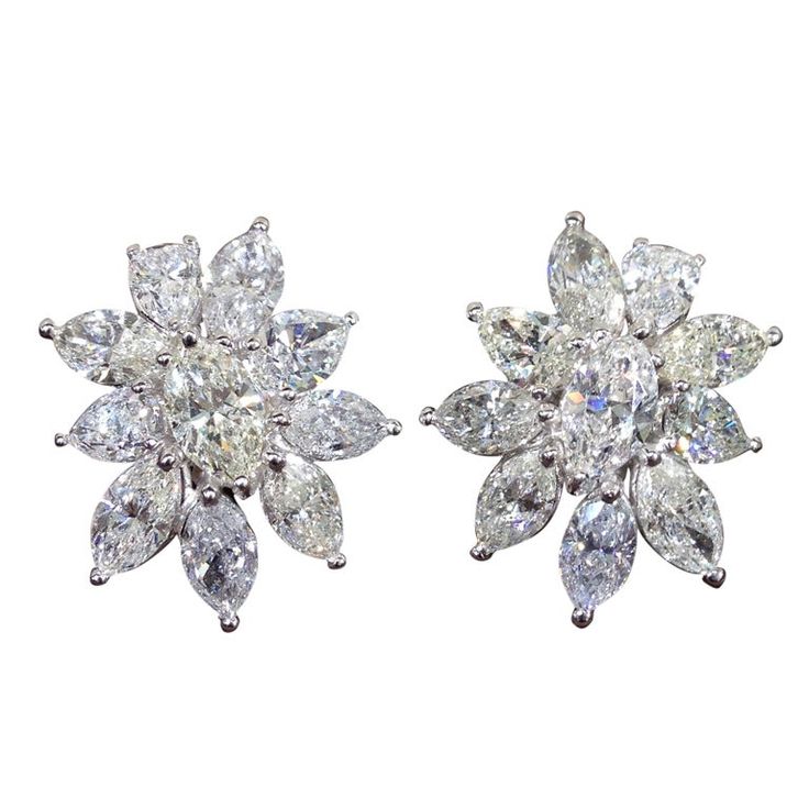 Diamond Cluster Earrings | From a unique collection of vintage Clip-on Earrings at https://www.1stdibs.com/jewelry/earrings/clip-on-earrings/. Classic Diamond Earrings, Marquise Earrings, Diamond Huggie Earrings, Marquise Shape Diamond, Diamond Cluster Earrings, Starburst Earrings, Platinum Earrings, 18k Gold Earrings, Swirl Earrings