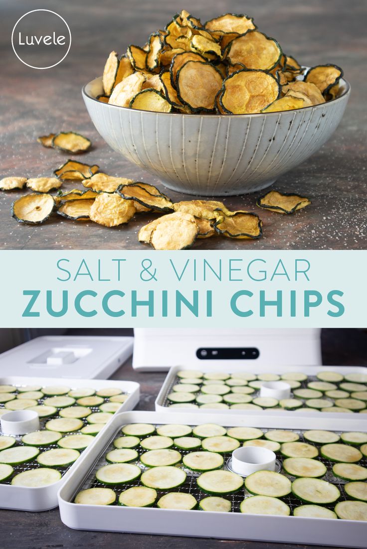 sliced zucchini chips sitting on top of a table next to a white bowl