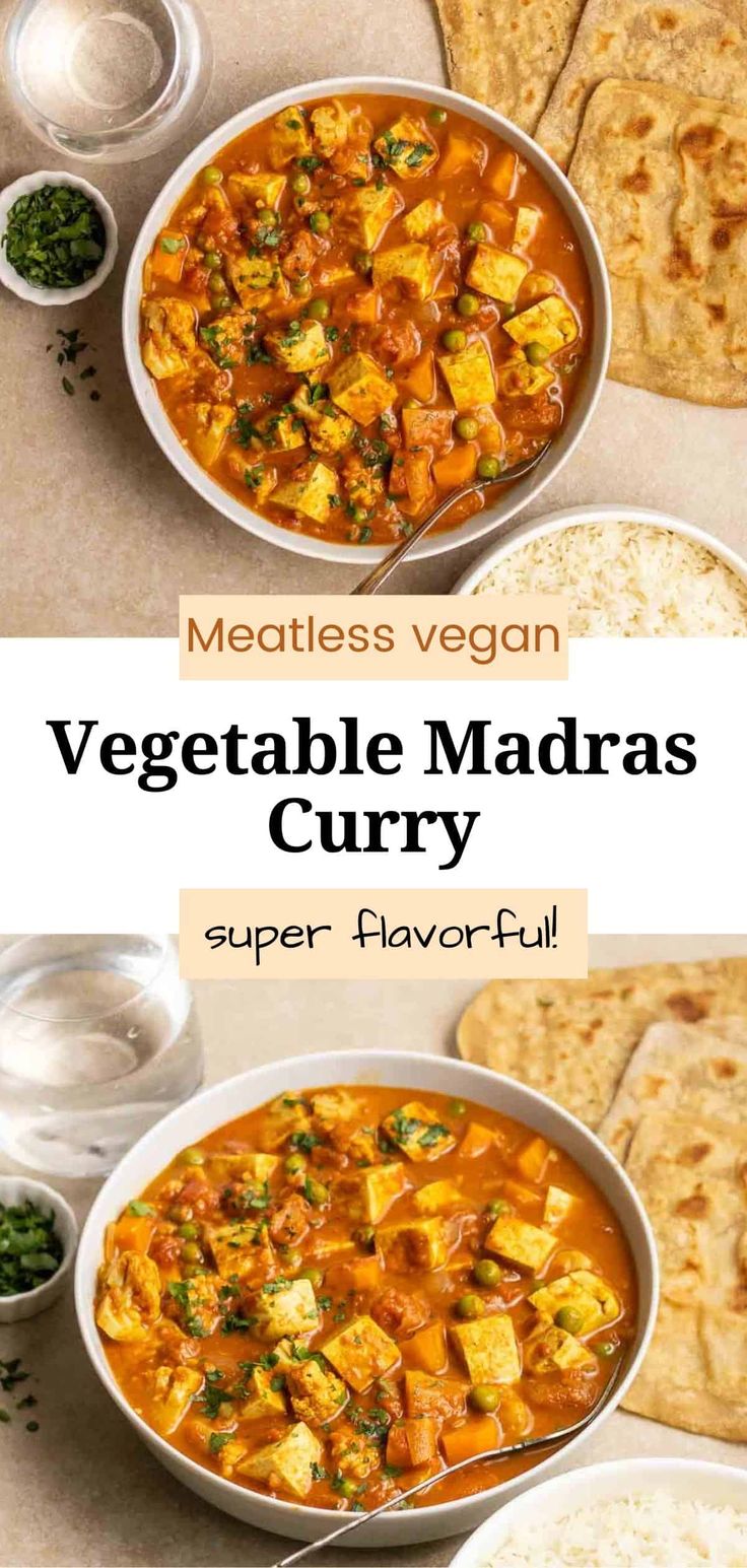 two bowls filled with vegetable madras curry next to pita bread