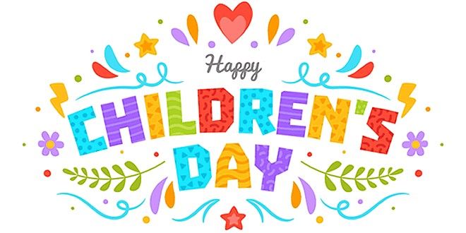 the words children's day written in colorful lettering with flowers and stars around it