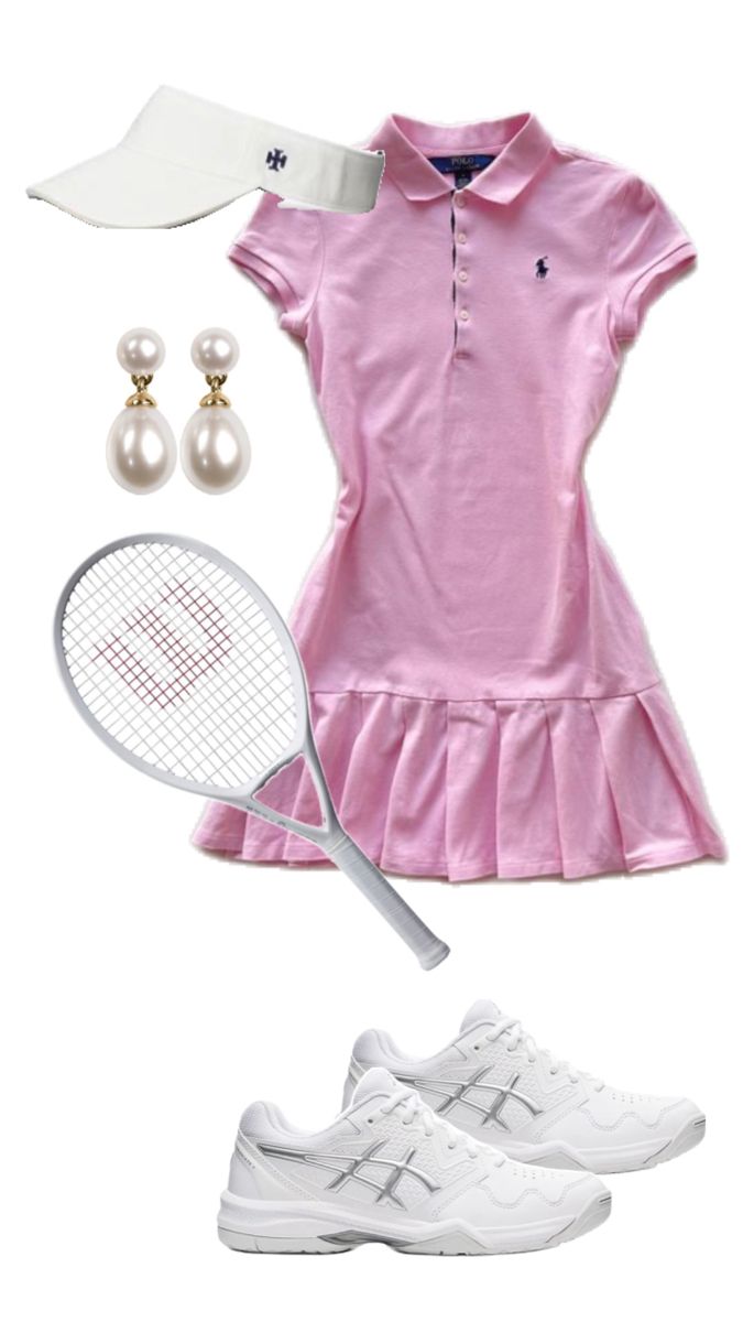 a pink dress and tennis racket with pearls on the headband, white shoes and a visor