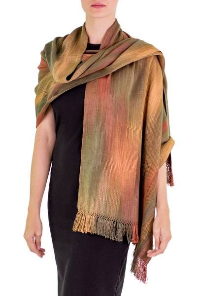 Rich earthen colors come together to create an ethereal illusion in this handwoven shawl. Working on a backstrap loom Maya artisans from K'amolon K'i K'ojonel transform bamboo fibers into a cozy lightweight wrap. Threads of brown russet moss green forest green and ochre distinguish the design which is finished with lavish fringe. Artisan Shawl For Fall, Multicolor Handwoven Shawl For Fall, Fall Multicolor Handwoven Shawl, Bohemian Weaving Scarf For Fall, Green Bohemian Handwoven Shawl, Handwoven Multicolor Scarves, Bohemian Weaving Shawl For Fall, Handwoven Artisan Shawl For Fall, Bohemian Fall Shawl With Weaving