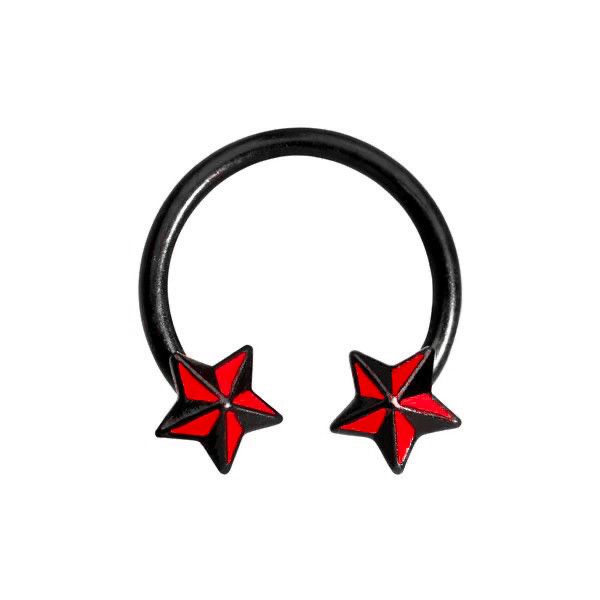 a pair of black and red star shaped piercings