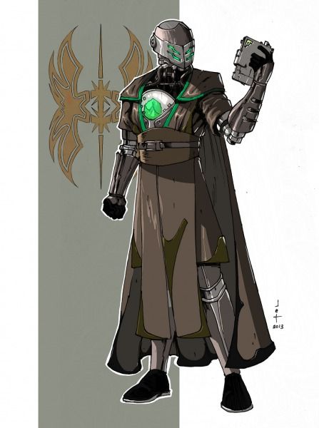 a drawing of a man in armor holding a cell phone and wearing a green light