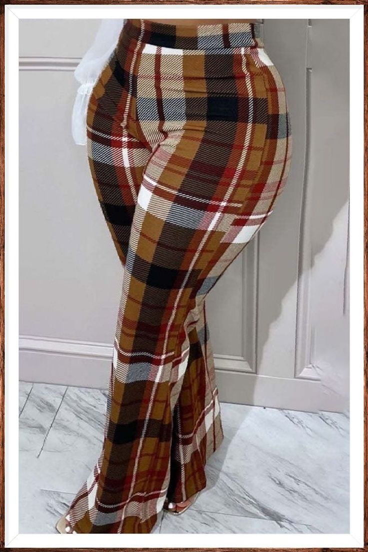 LW Plus Size Plaid Print Wide Leg Flared Pants High Waisted Flare Pants, Outfit Plus Size, High Waisted Flares, Flare Leg Pants, Printed Trousers, Bell Bottom Pants, Plaid Pants, 가을 패션, High Waisted Trousers