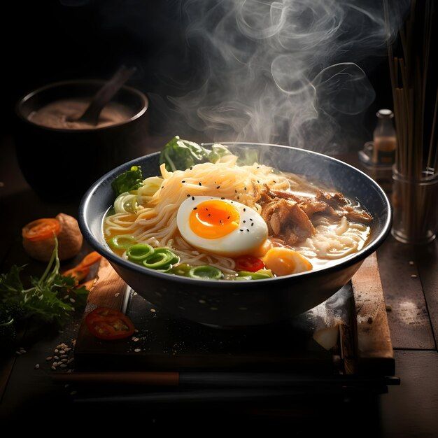 a bowl filled with noodles, meat and an egg on top of it next to chopsticks