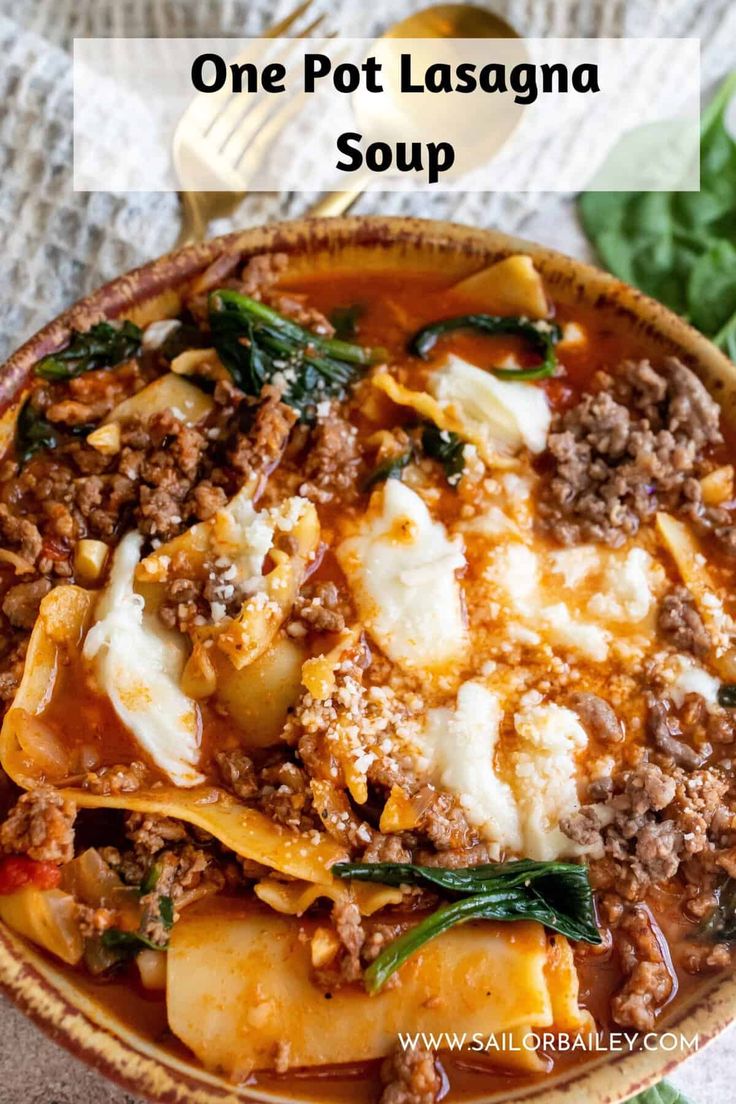 one pot lasagna soup in a bowl