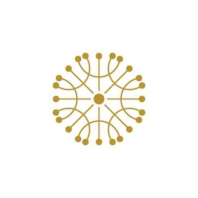 an abstract logo with circles and dots in gold on a white background, suitable to be used as a business card or brochure