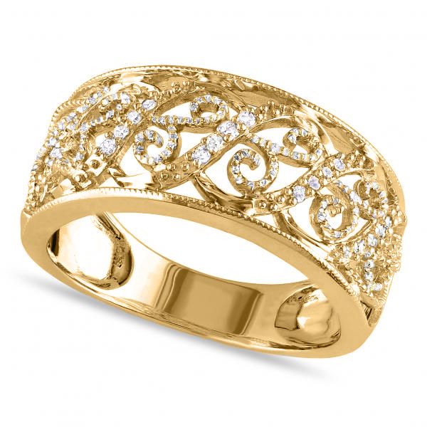 Ladies Pave Set Filigree Diamond Ring 14k Yellow Gold 0.10ct - DE601 Wedding Rings Antique, Wide Diamond Bands, Filigree Diamond Ring, Antique Gold Rings, Stunning Diamond Rings, Rings Antique, Diamond Jewelry Set, Antique Wedding Rings, Gold Diamond Band