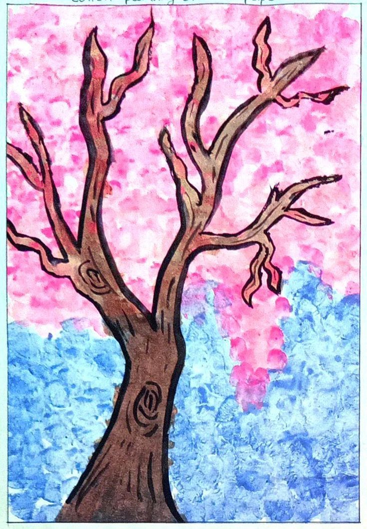 a drawing of a tree with pink and blue background