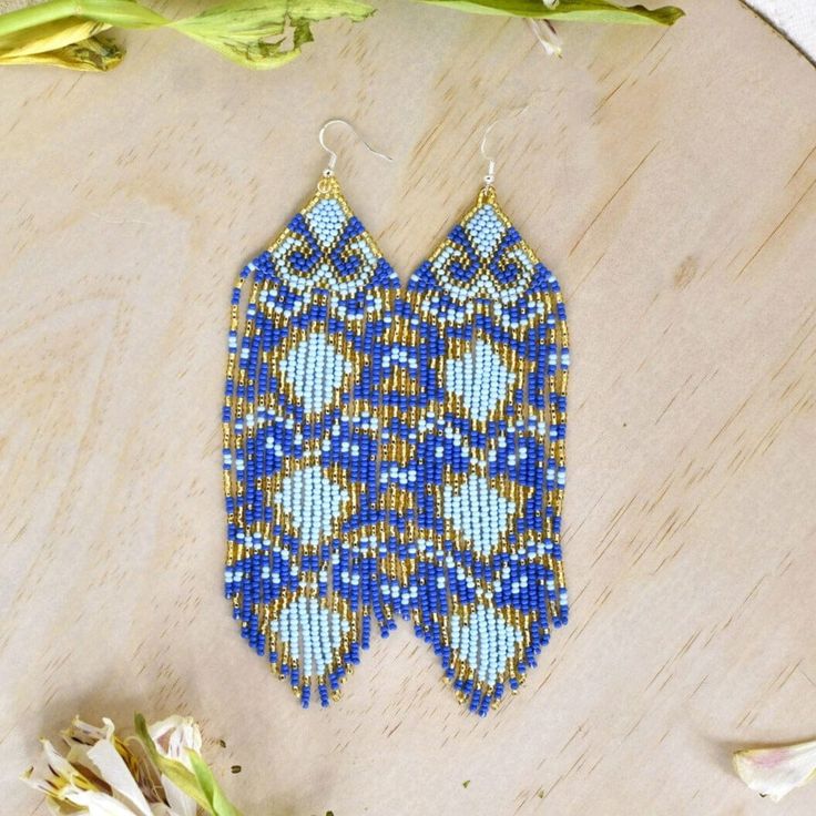 Taj Mahal beaded fringe Earrings blue gold native american jewelry Mother Sierra Beaded Dog Collar, Beaded Fringe Earrings, Textile Bag, Ocean Colors, Beaded Earrings Patterns, Handmade Textiles, Leather Art, Women Faces, Beaded Purses