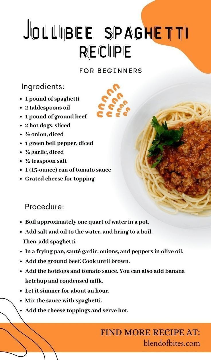 the recipe for spaghetti is shown in an orange and white poster