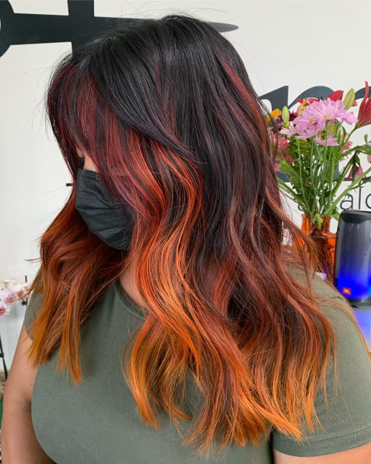 Colored Fall Hair, Fall Hair Color Ideas Balayage, Hair Color Ideas For Brunettes Orange, Fun Autumn Hair Color, Red And Orange Balayage, Orange Lowlights In Brown Hair, Orange And Black Ombre Hair, Fall Halloween Hair Color, Dark Brown To Orange Ombre