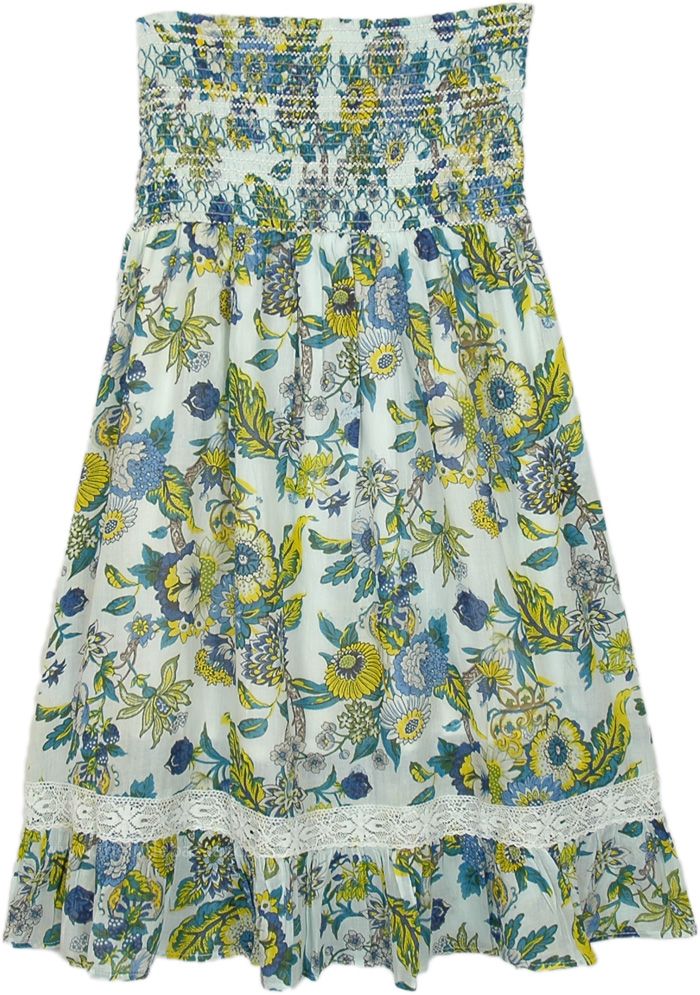 A lovely, bright and fun blue floral spring-summer short dress, with tube style smocking on the bust or on the waist if worn like a skirt. The flowers print is a full bloom with lace going across the body. #tlb #Sleeveless #beachwrap #Floral #SleevelessBohoDress #ShortSundress Summer Ditsy Floral Print Tiered Skirt Dress, Summer Ditsy Floral Print Tiered Dress, Summer Dress With Ditsy Floral Print And Tiered Skirt, Summer Lace Dresses With Floral Print, Spring Dress With Lace Trim And Tiered Skirt, Vacation Dress With Lace Trim And Tiered Skirt, Spring Dress With Smocked Bodice And Skirted Shape, Spring Dress With Smocked Bodice, Casual Floral Tiered Skirt Dress For Summer