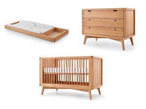 three different types of furniture including a crib, dresser and bed with sheets on it