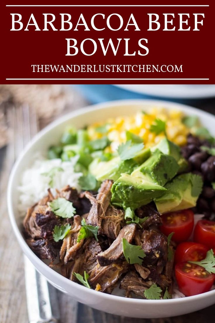 a white bowl filled with meat, beans and avocado on top of rice