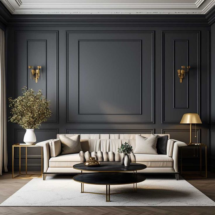 an elegant living room with black walls and white couches, coffee table and lamp