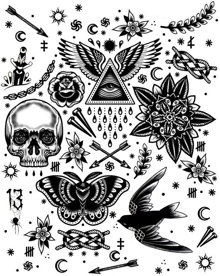 a black and white tattoo design with skulls, flowers, stars, and other symbols