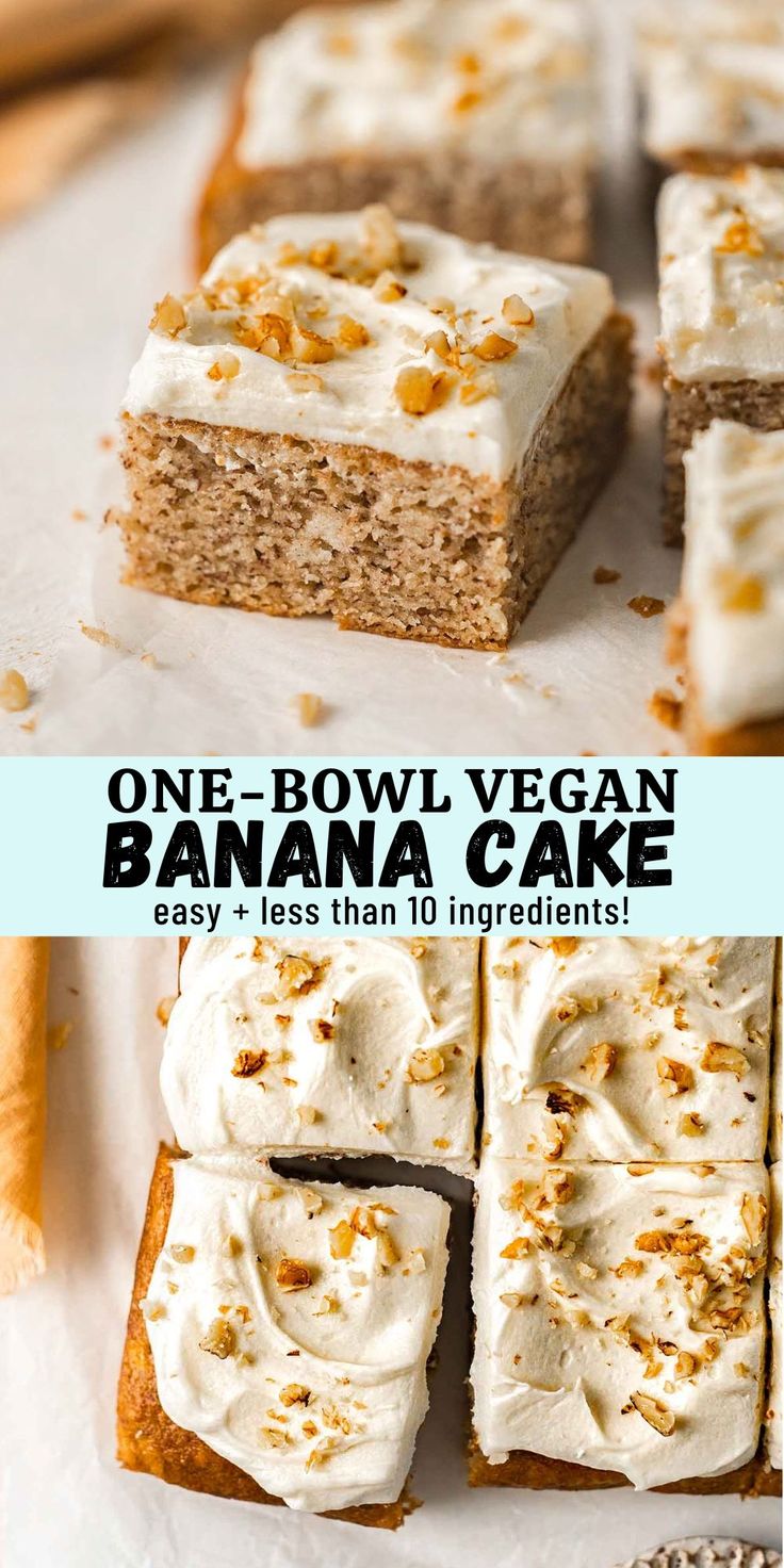 one bowl vegan banana cake with white frosting on top and the other side