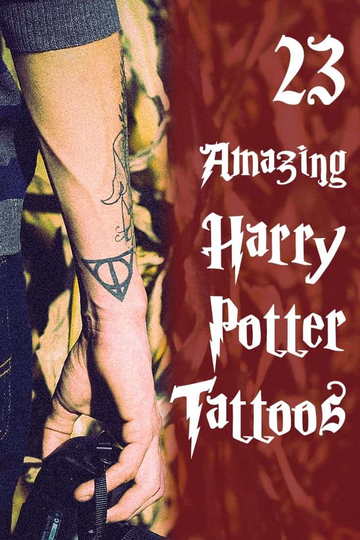 a harry potter tattoo on the arm and hand with text reading 25 amazing harry potter tattoos