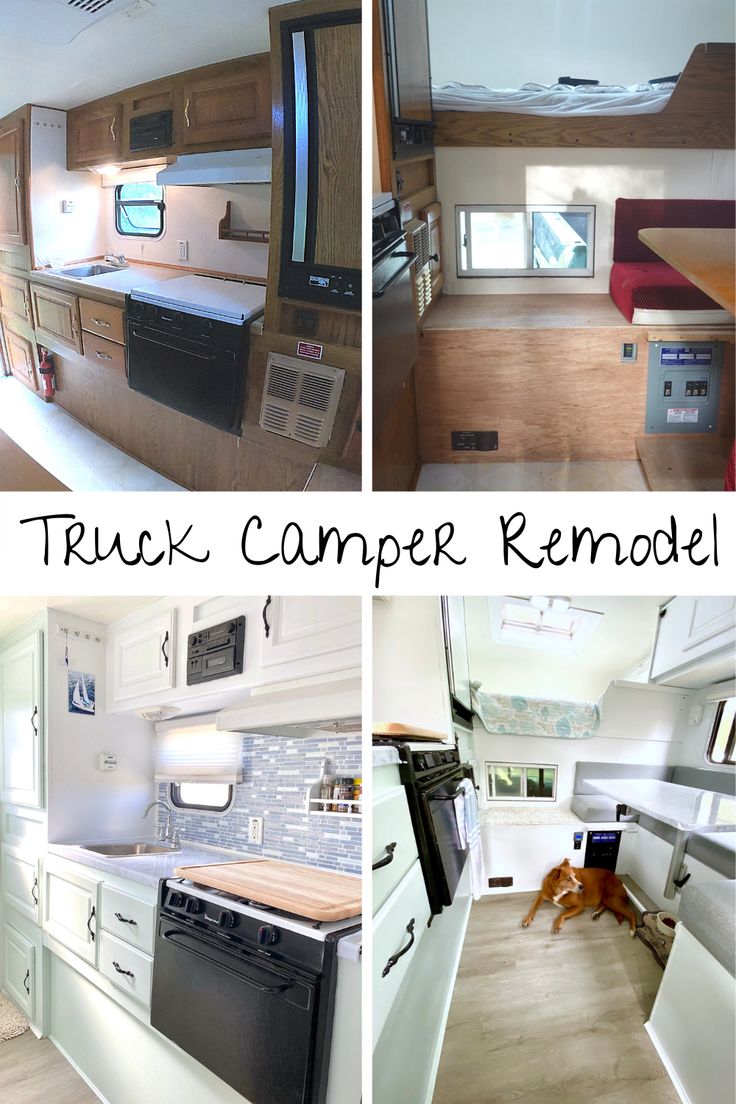 four pictures show the interior and exterior of a camper remodel, including kitchen