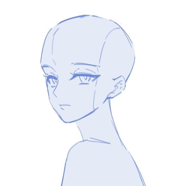 a drawing of an anime character with blue eyes and short hair, looking to the side