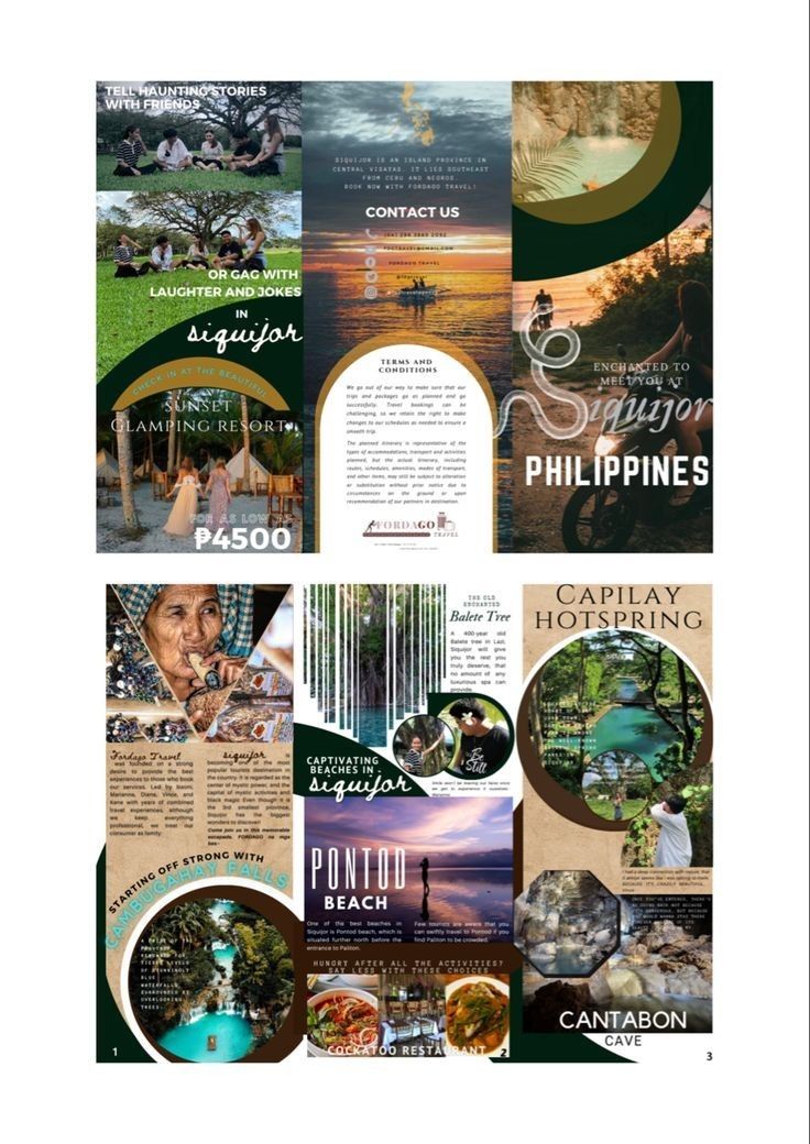 brochure design for an island resort in the philippines with images of people on it