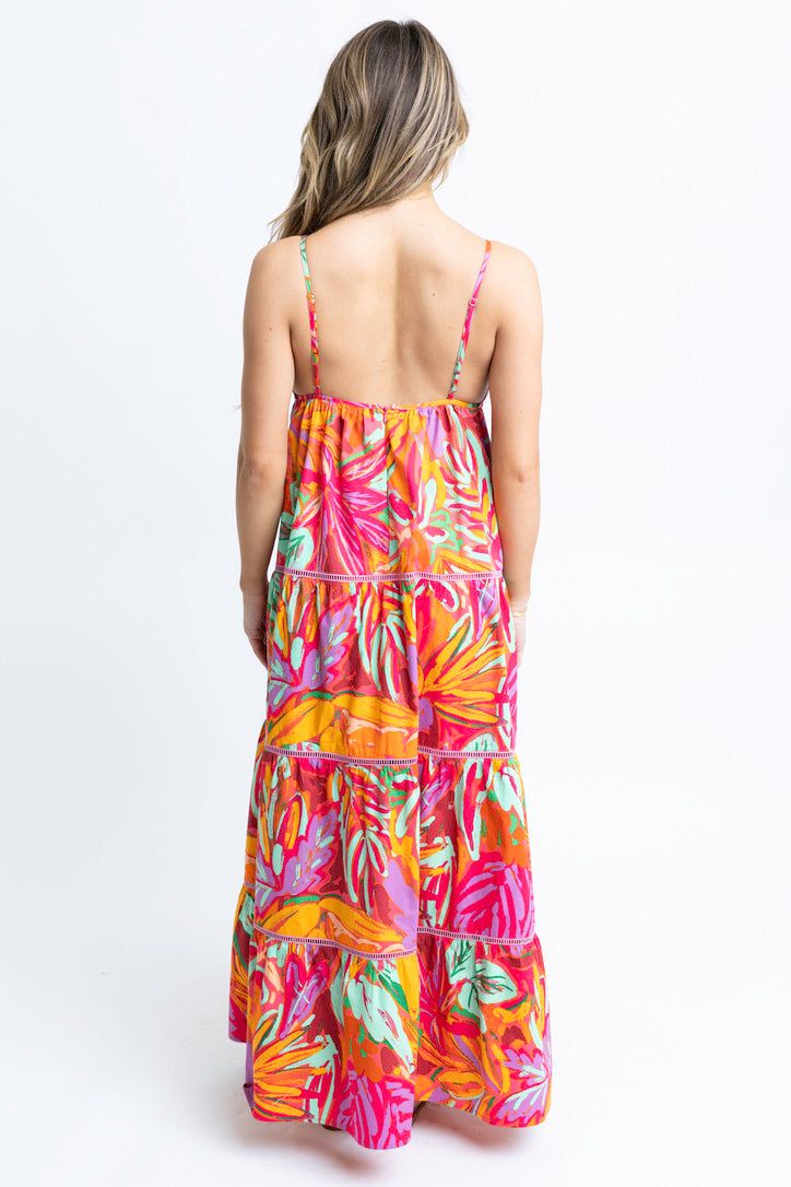 Go with the flow and embrace the island vibes with this must-have piece. #vacaymode Pink Tropical V-neck Maxi Dress, Multicolor V-neck Vibrant Print Beach Dress, Tropical V-neck Maxi Dress With Vibrant Print, Vibrant Print V-neck Beach Dress, Tropical Multicolor Maxi-length Cover-up, Go With The Flow, Island Vibes, Dress Home, White Maxi