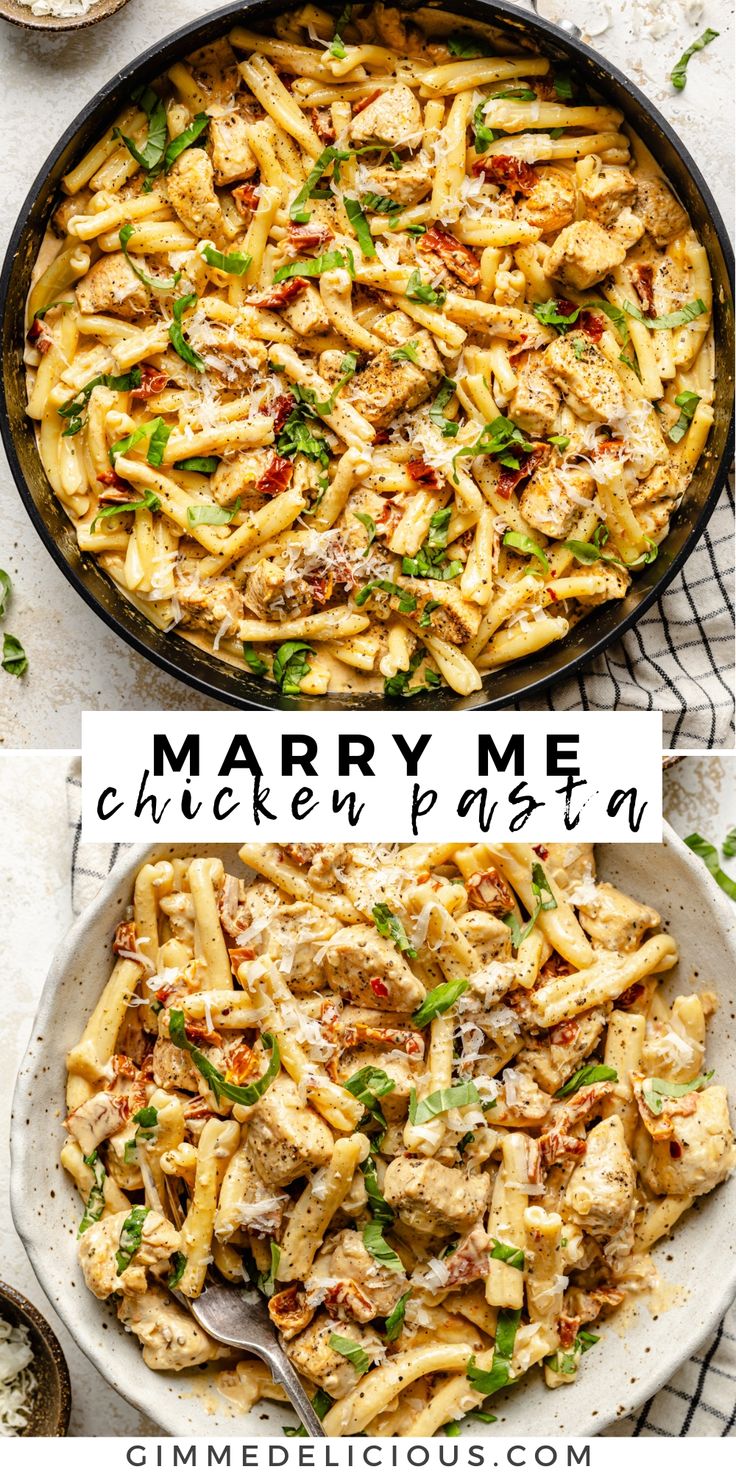 two images showing the same pasta dish in different pans, one with chicken and spinach