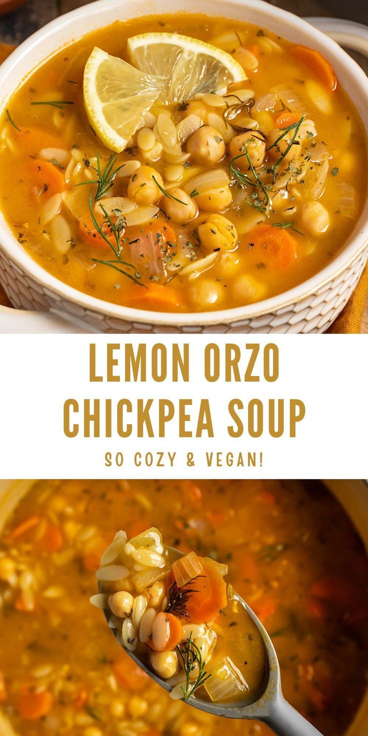 lemon orzo chickpea soup in a bowl with a spoon