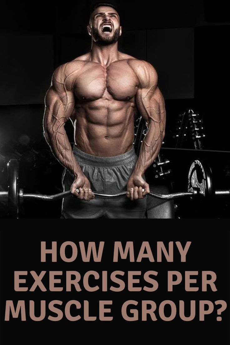 a man with no shirt on holding a barbell in front of his face and the words how many exercises per muscle group?