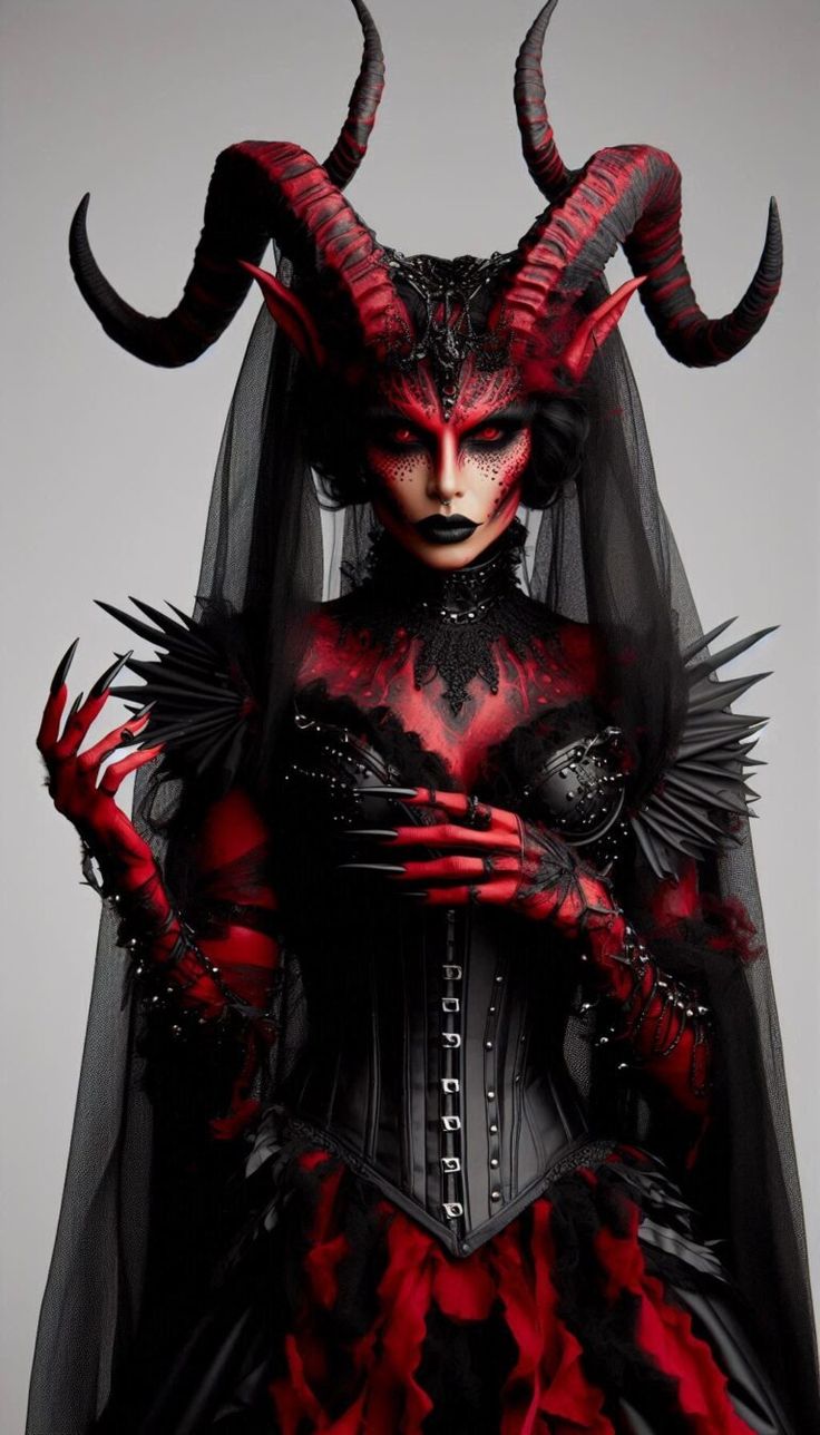 a woman dressed in red and black with horns on her head