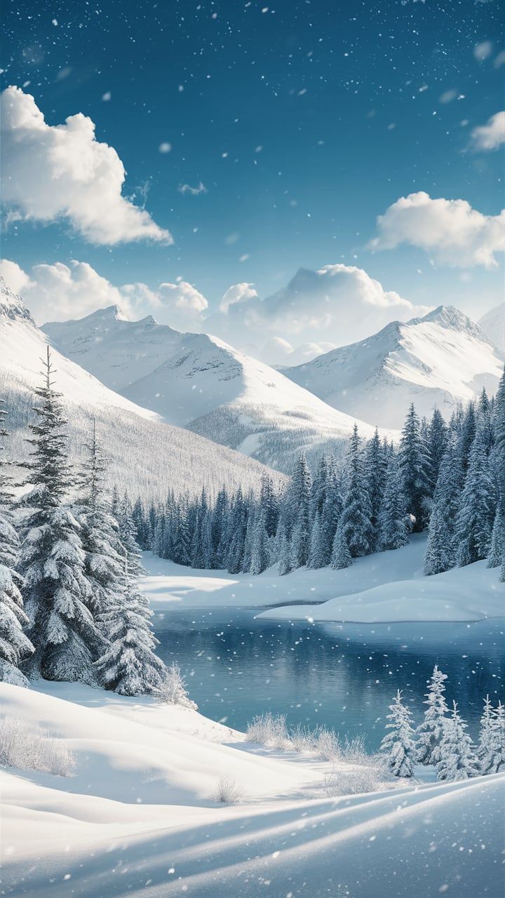 a snowy landscape with pine trees and mountains in the background