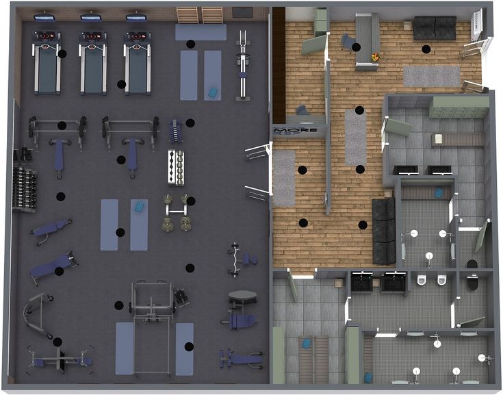 an overhead view of a gym room with treadmills, exercise equipment and tables