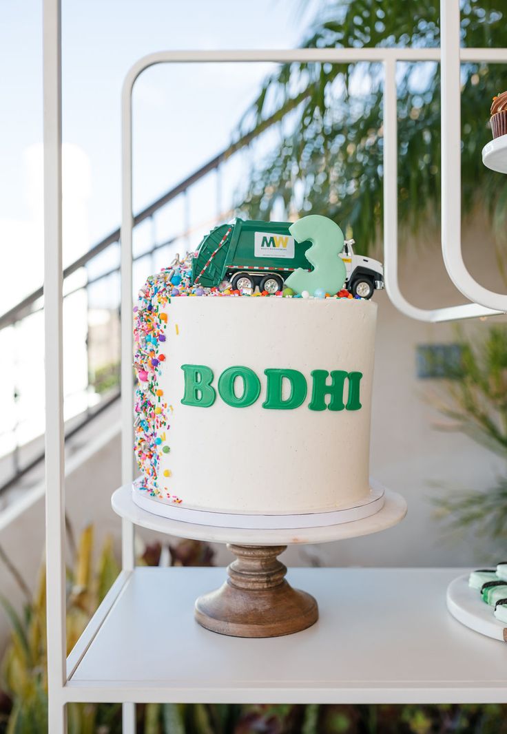 a birthday cake sitting on top of a white table