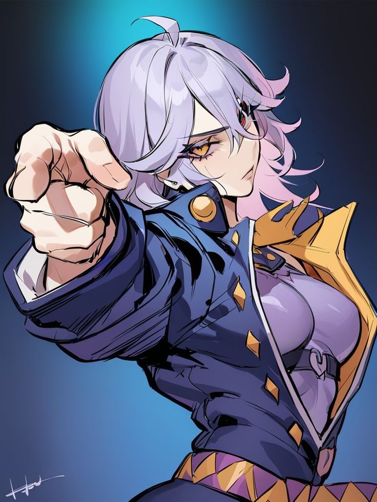 an anime character with white hair and blue eyes pointing to the side while wearing a purple outfit