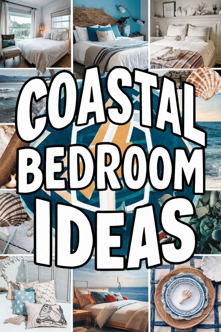 Coastal-themed bedroom design ideas collage with nautical elements and beach-inspired decor. Lake Cottage Interiors Decorating Ideas, Beachy Bedroom Ideas Coastal Style, Coastal Boys Bedroom, Navy Coastal Bedroom, Nautical Bedroom Master, Beach Theme Bedroom Ideas, Boys Beach Bedroom, Beach Bedroom Ideas Coastal Style, Surf Style Bedroom