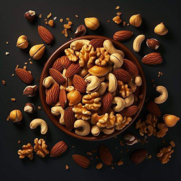 nuts in a bowl on a black surface with scattered peanuts and almonds around it