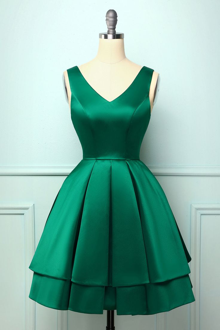 Homecoming Dresses Green Short, Elegant Green A-line Satin Dress, Green A-line Mini Dress For Prom Season, Green A-line Mini Dress For Prom, Satin Ball Gown For Parties, Green Satin A-line Dress, Formal Dark Green V-neck Dress, Green V-neck Bridesmaid Evening Dress, Green Satin Finish Bridesmaid Dress